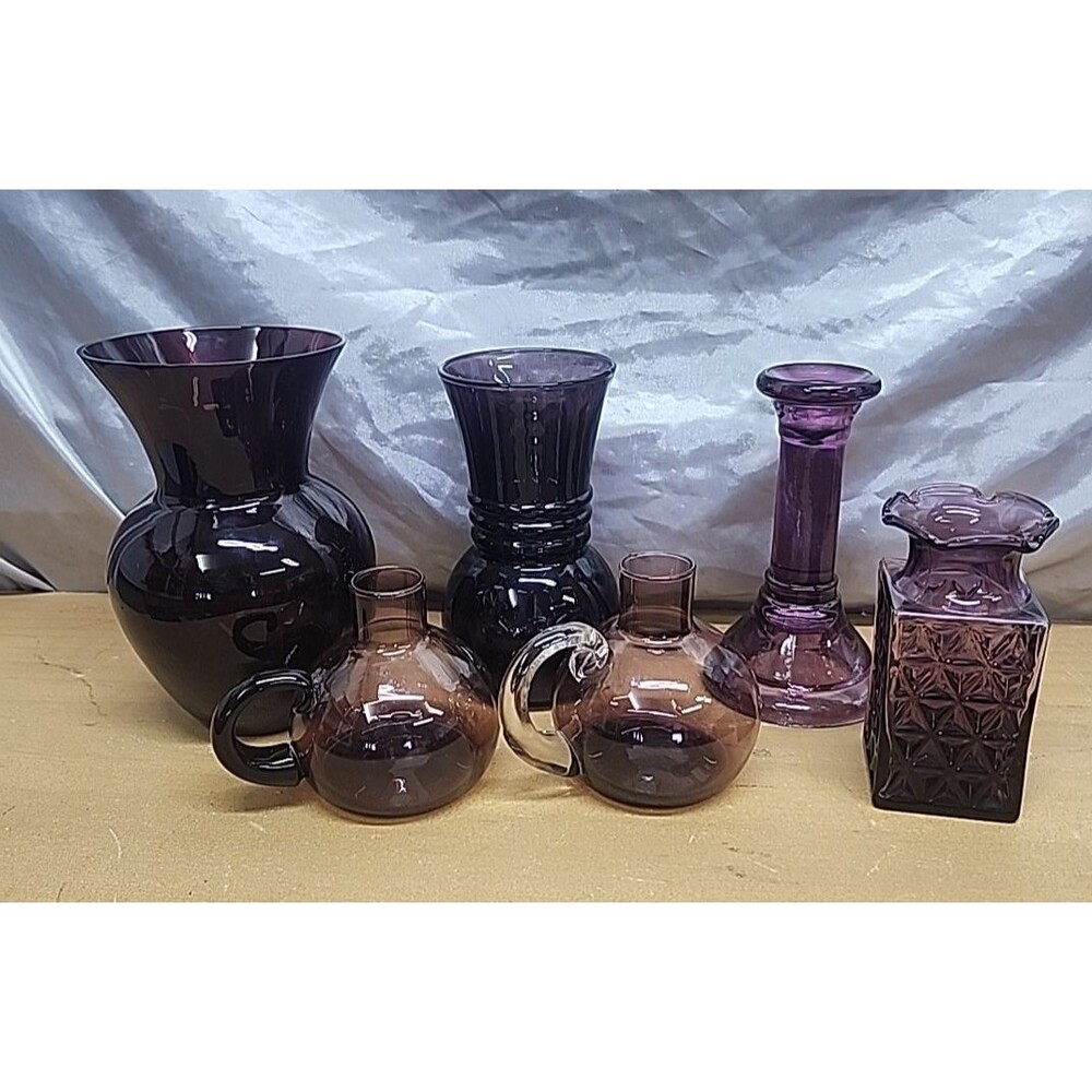 Lot of 6 Vintage Amethyst Glass Vases Purple Art Glass Mixed Shapes  Indiana